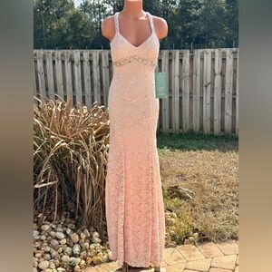Blush Pink Lace Sequin Gown with Beaded Bodice Formal Maxi Dress
